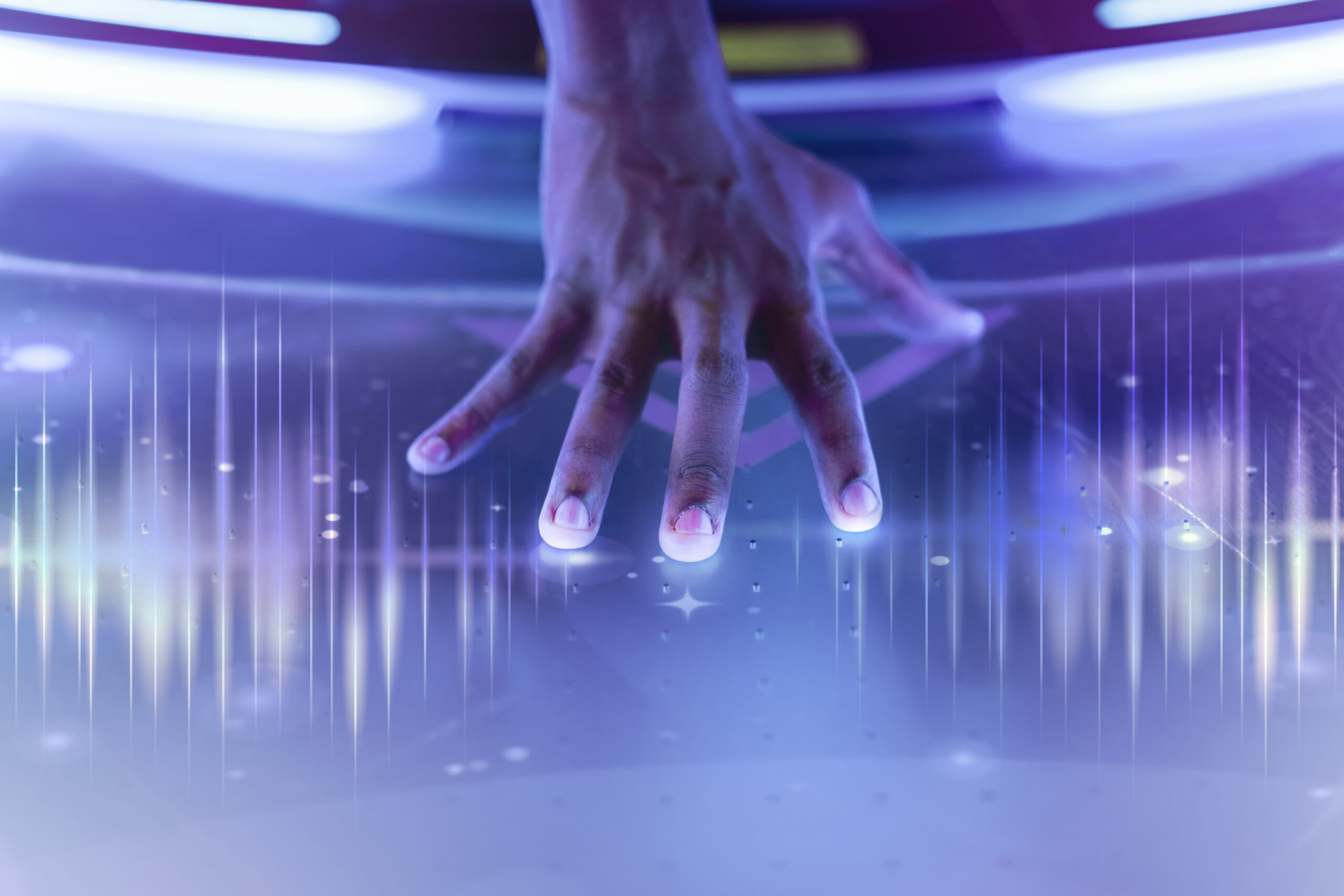 Sound wave technology performer’s hand touching stage remi Sound wave technology performer’s hand touching stage remixed media
